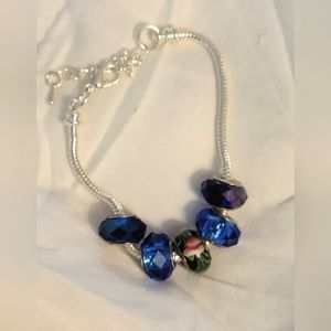 Flash sale 5pc .925 blue crystal murano European charms with charm bracelet.